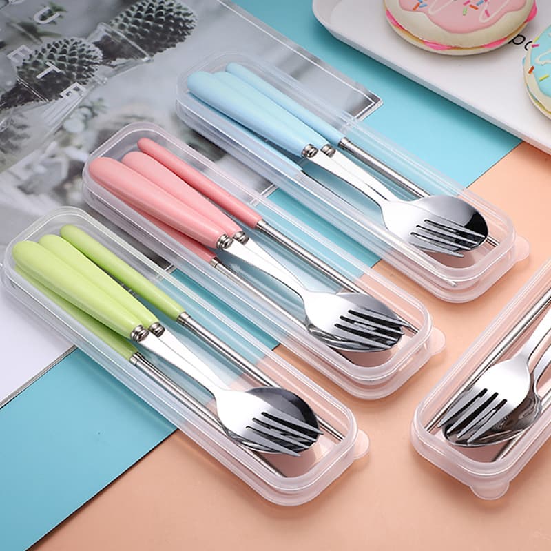 Candy-colored ceramic handle stainless steel cutlery spoon fork chopsticks portable gift set, customizable with laser logo