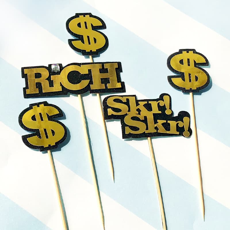 Dollar Sign $ Cake Topper Rich English Cake Decoration Insert Double Layer Black Gold Card
