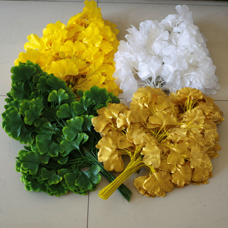Artificial Ginkgo Leaves, Autumn Ginkgo Decorative Color-Printed Leaves, Yellow, Green, White, and Gold Ginkgo Leaves
