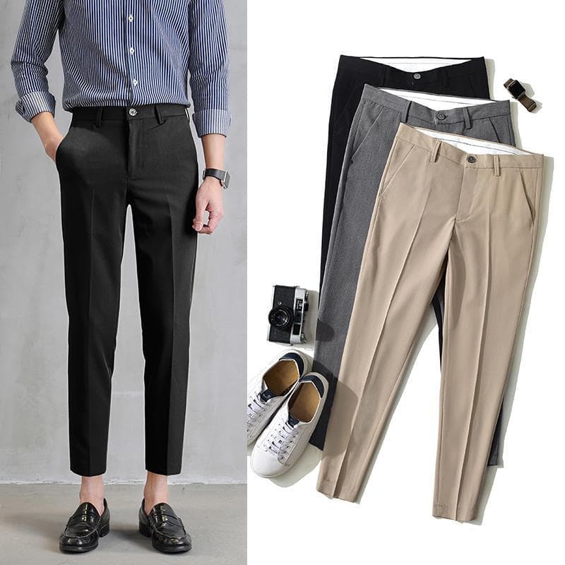 Black Slim-fit Men's Trousers Ankle-length Straight Leg Tapered Casual Korean Style Trendy Drape Men's Suit Pants