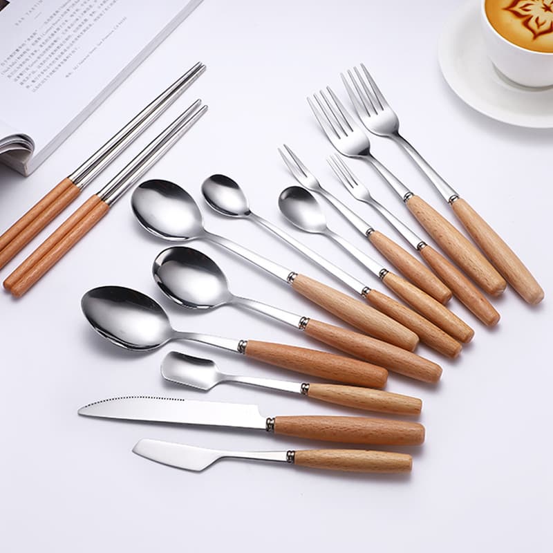 Japanese Style Stainless Steel Cutlery Set with Real Wood Handle Laser Engraving Home Dining Utensils Gift Set Kitchen Tools