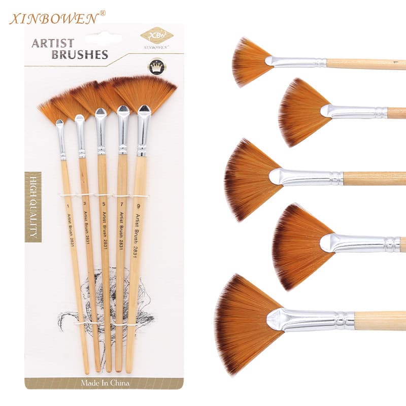 5-piece Double-color Nylon Fan-shaped Paintbrushes Set Original Wood Rod Fish-tail Fan-shaped Watercolor Oil Painting Brushes