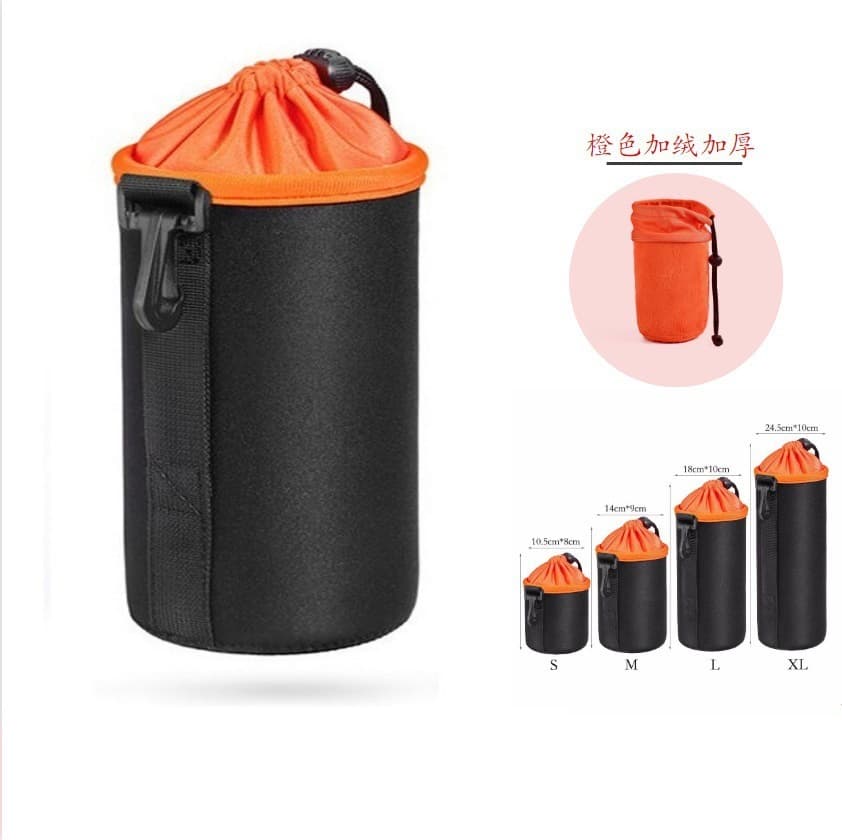 Orange Camera Lens Pouch Thickened Fleece-Lined Hanging Lens Bag Camera Lens Bag Lens Protection