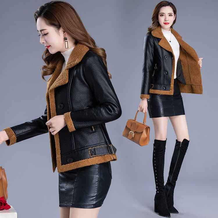 New Winter Women's Faux Leather Jacket with Fleece Lining, Short PU Leather Coat with Fur Trim