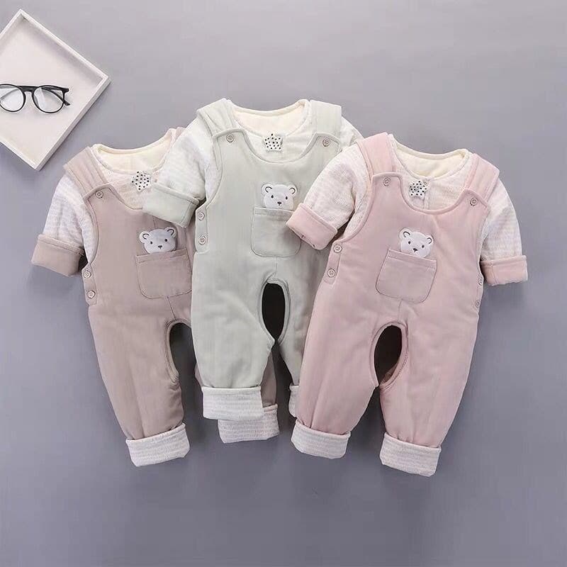 Newborn Baby Cotton Thickened Winter Outfit Two-Piece Set with Buttoned Pants And Warm Fleece Cardigan Unisex Infant Clothing