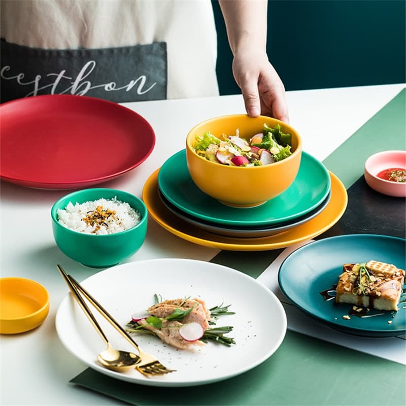 Color-glazed ceramic plate INS household rice bowl soup bowl hotel steak plate western food plate bowls and dishes tableware set white porcelain