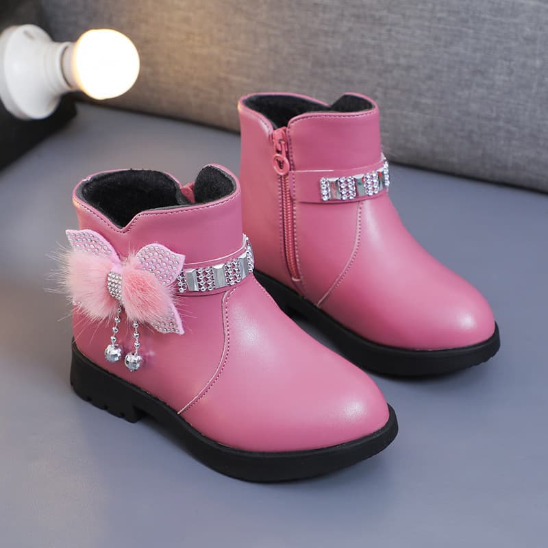 Children's girls' mid-calf warm leather boots baby bow cute cotton shoes plush winter new student double-lined boots