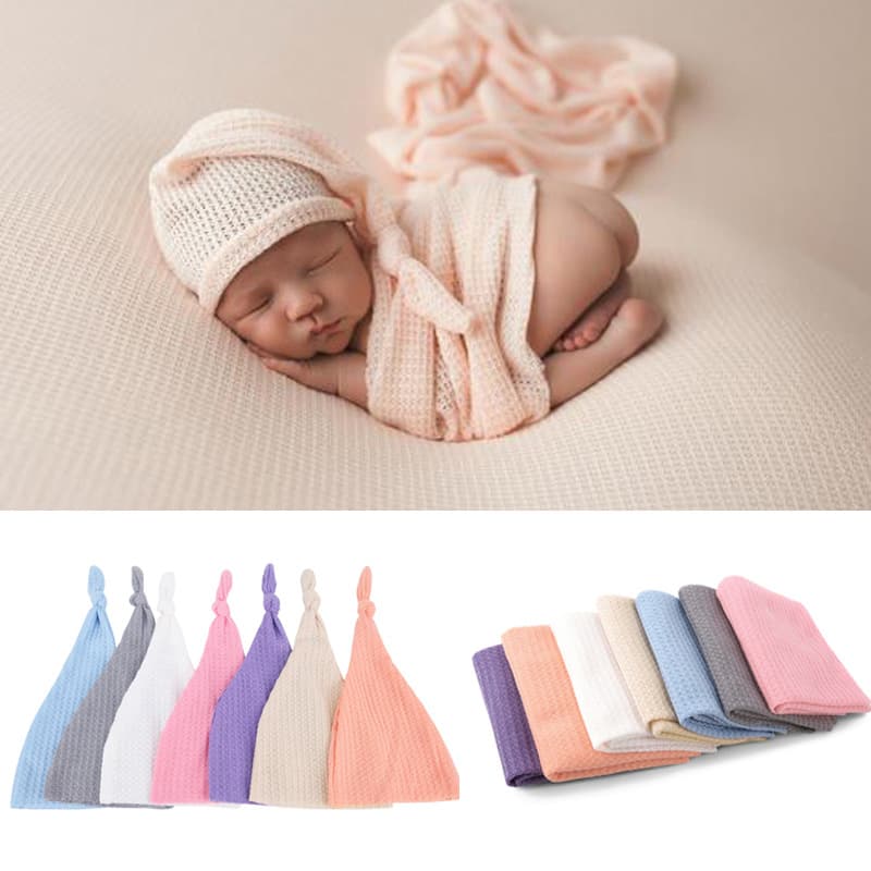 European and American Style Baby Elastic Swaddle Wrap and Hat Set Photo Prop Newborn Keepsake Backdrop