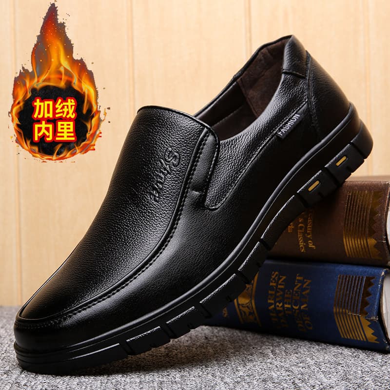 Autumn/Winter Middle-aged and Elderly Men's Shoes, Soft Sole Genuine Leather, Fleece-lined Warm Casual Shoes, Slip-resistant Versatile Round Toe Leather Shoes, Thickened and Fleece-lined