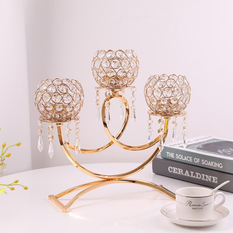 European-Style Creative Three-Head Crystal Candlestick Candlelight Dinner Wedding Home Decoration Electroplated Iron Art Crystal Candlestick