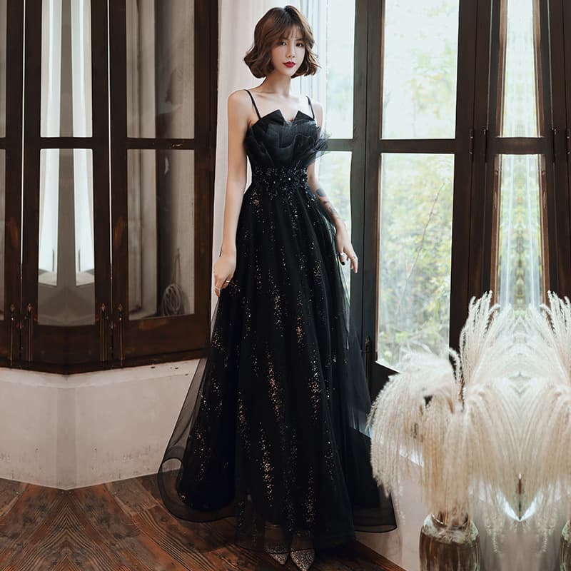 2026 New Black Long Evening Dress Backless Sleeveless Hostess Spaghetti Strap Evening Gown for Women