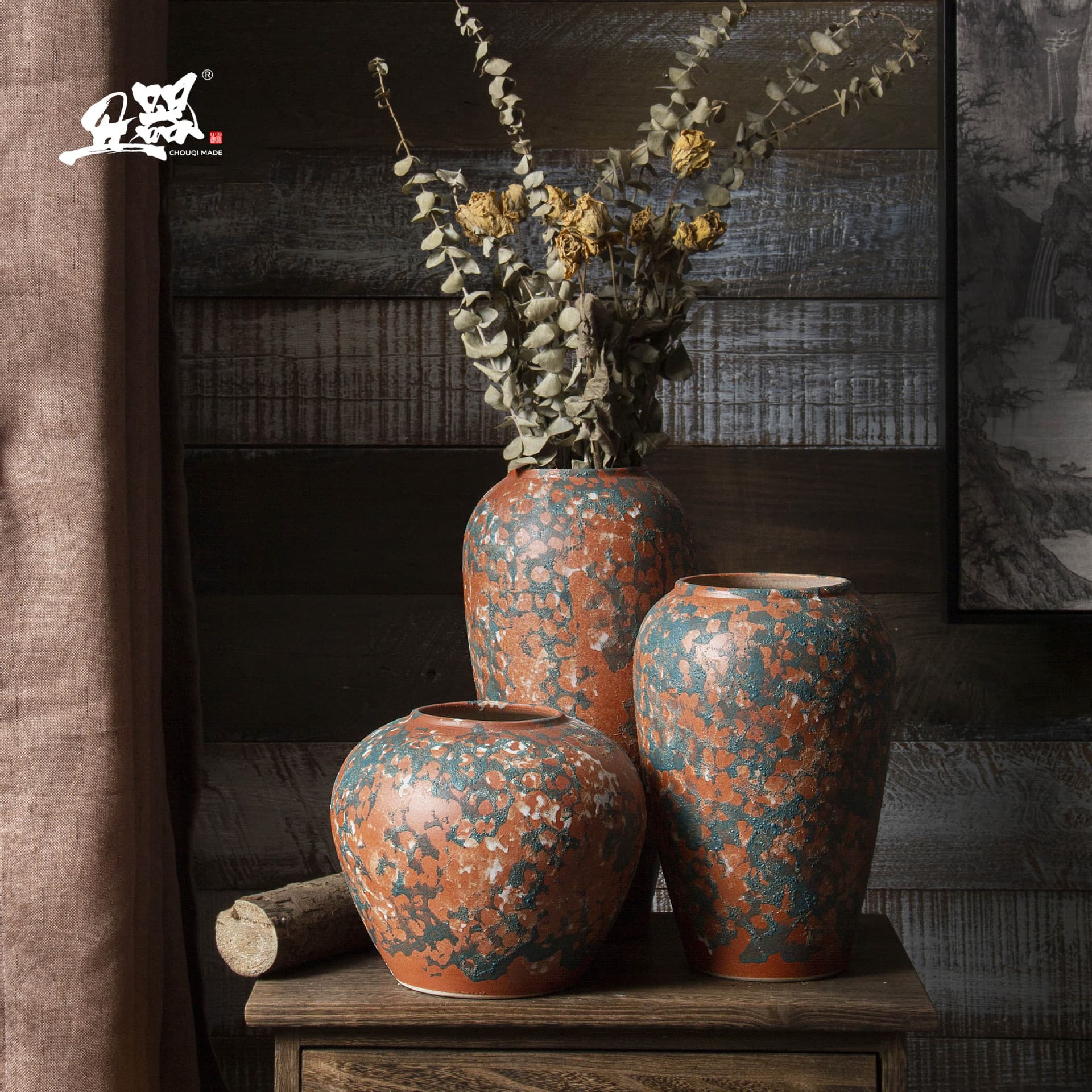 Jingdezhen Ceramics Large Three-Piece Set Rustic Dry Flower Vase Pottery Jar Zen Aesthetic Decorative Vintage Ornament