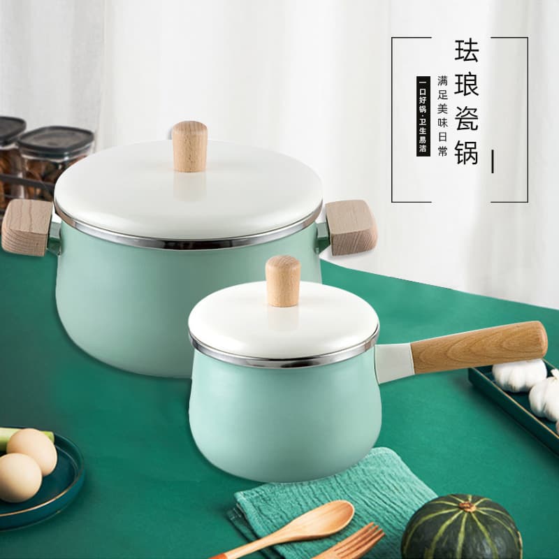 Japanese Enamel Binaural Soup Pot Two-Piece Set, Household Wooden Handle Non-Stick Pot, Baby Food Supplement Pot, Baby Milk Pot