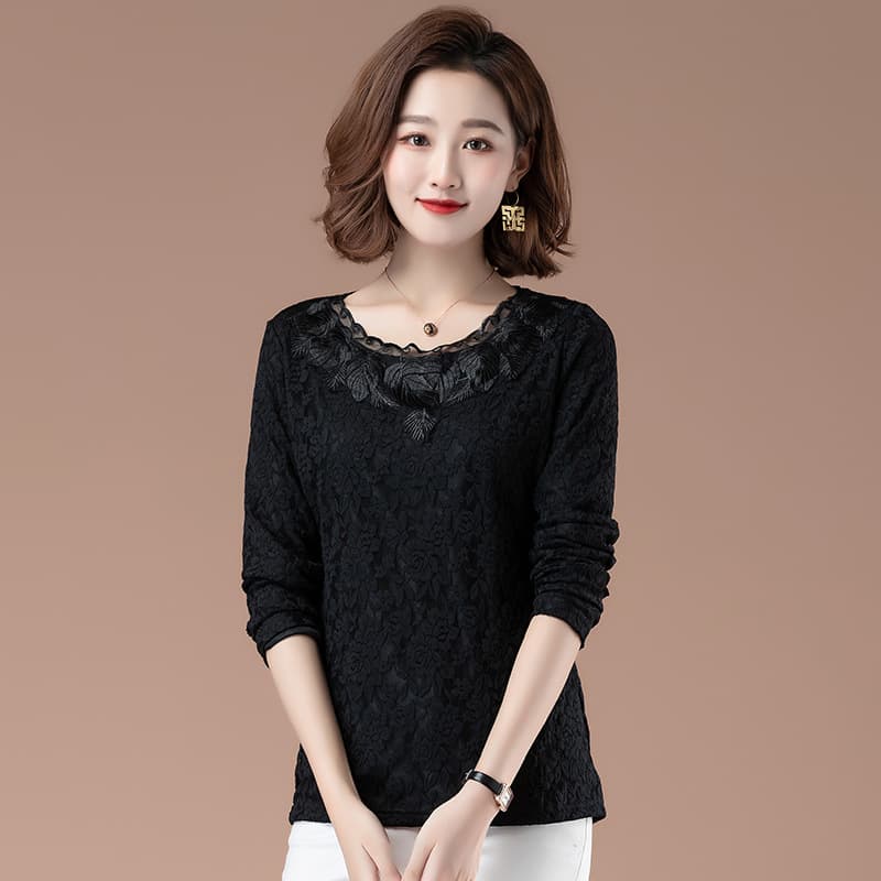Round Neck Lace Fleece-Lined Thickened Base Layer Shirt for Women 2025 New Autumn and Winter Middle-Aged Mother T-Shirt Slimming Look Top for Plus Size