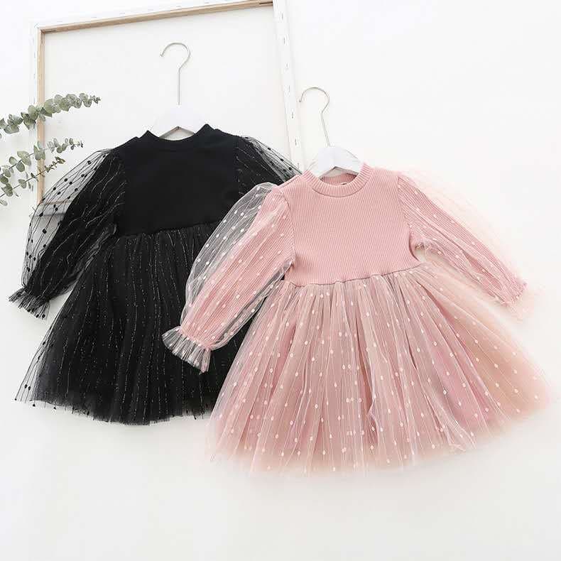 Children's Autumn New Arrival Girls' Dress Tulle Skirt with Bubble Sleeves Knitted Mesh Skirt