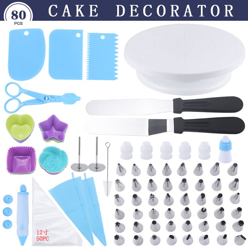Amazon Hot Selling 80-Piece Cake Turntable Decorating Tip Set Icing Turntable Fondant Baking Tools