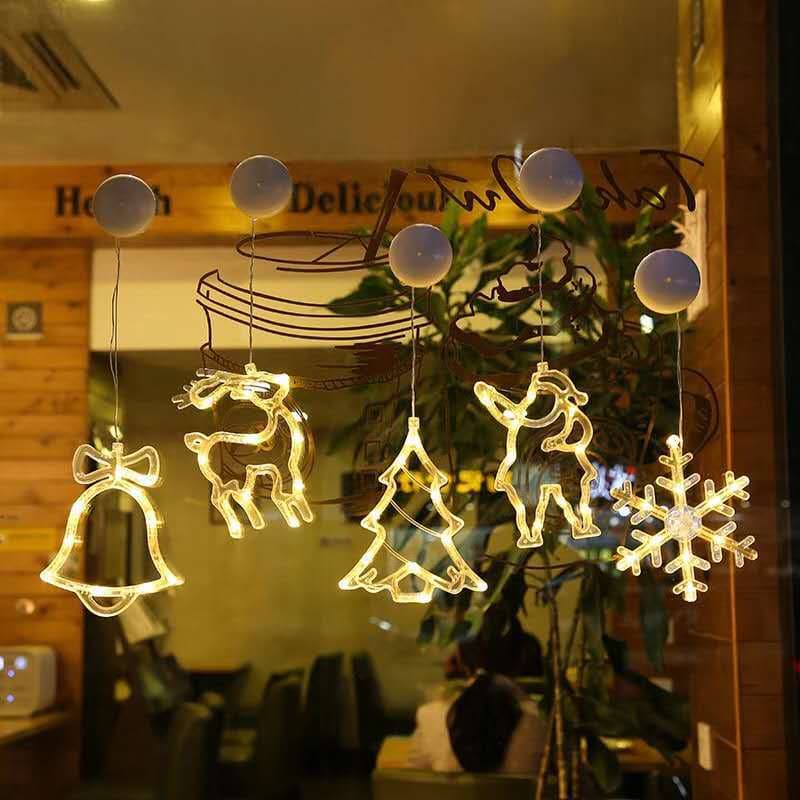 Christmas Decorative LED Window Suction Cup Lights with Bell Deer Snowman Design Festive Atmosphere Hanging Lights PVC Material