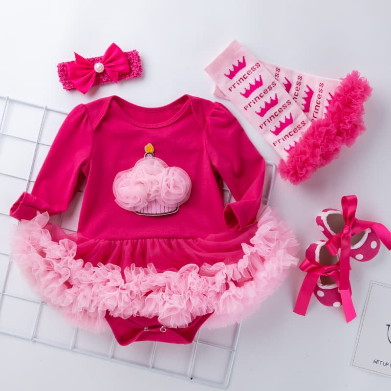 Cross-Border Infant Long-Sleeve Bodysuit Dress 0-2 Years Old Girl Rose Pink Harem Dress Jumpsuit Children's Clothing 4-Piece Set