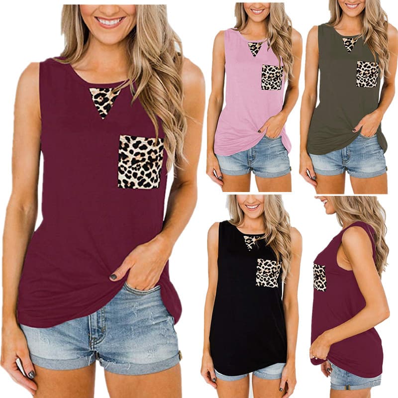 2023 Cross-border European and American Spring and Summer New Amazon eBay Round Neck Sleeveless Splicing Flap Pocket Pants Leopard Print Vest T-shirt for Women