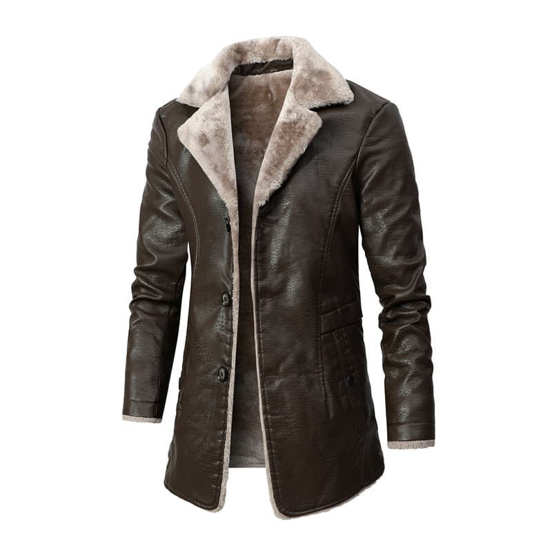 Men's mid-length leather coat, suitable for middle-aged and elderly men, autumn and winter business style, European size, fleece-lined, large lapel, suit-style leather and fur coat.