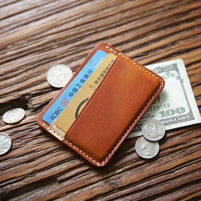 Handmade Vintage Vegetable-Tanned Leather Men's Short Card Holder, Genuine Leather Ultra-Thin Mini Wallet, Top-Grain Leather Card Case Money Clip
