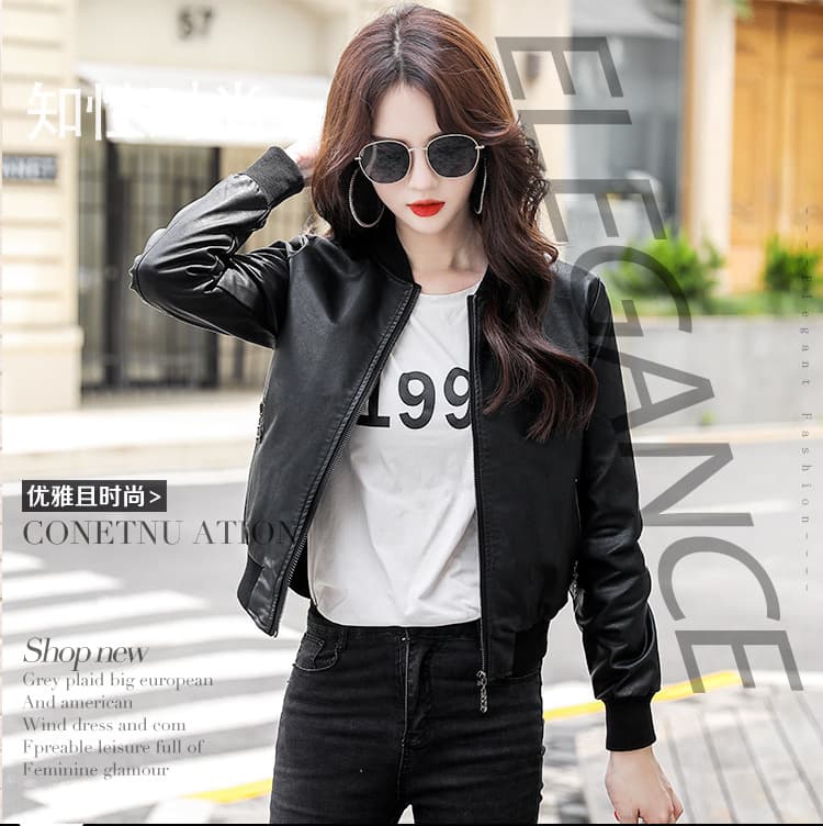 Long-term stock baseball collar round neck leather jacket short motorcycle style 2026 new PU leather jacket with fleece lining thick warm