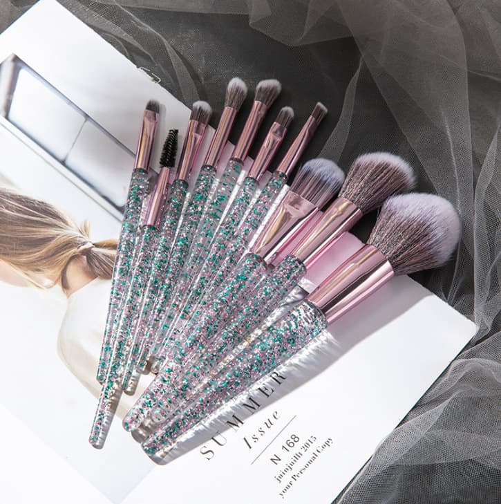 10 crystal makeup brushes, eye shadow brush, blush brush, loose powder brush set, complete set of makeup tools, free portable set