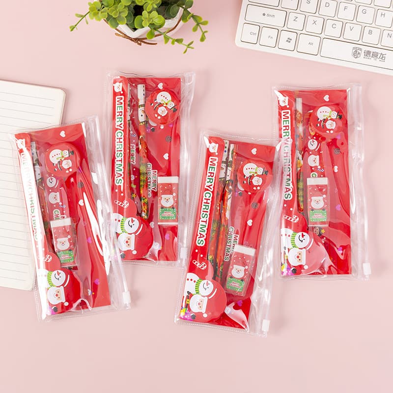Christmas Stationery Set Pencil Eraser Pencil Sharpener Ruler Side Bag Student Stationery Supplies Holiday Gift t