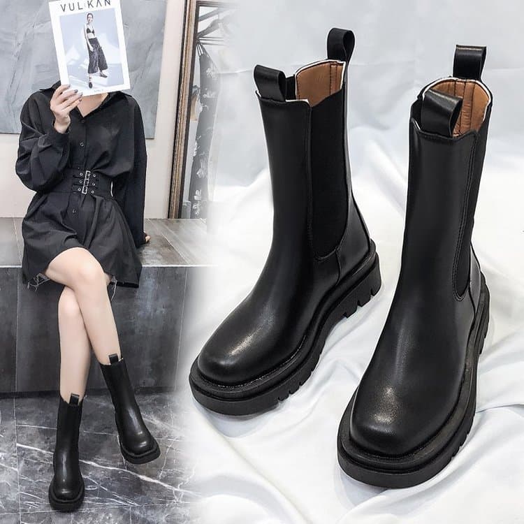 Fall/Winter Popular Smoke Barrel Boots Black Chunky Thick Sole Chelsea Boots Women's Mid-Calf Block Heel Short Boots Height-Increasing Martin Boots