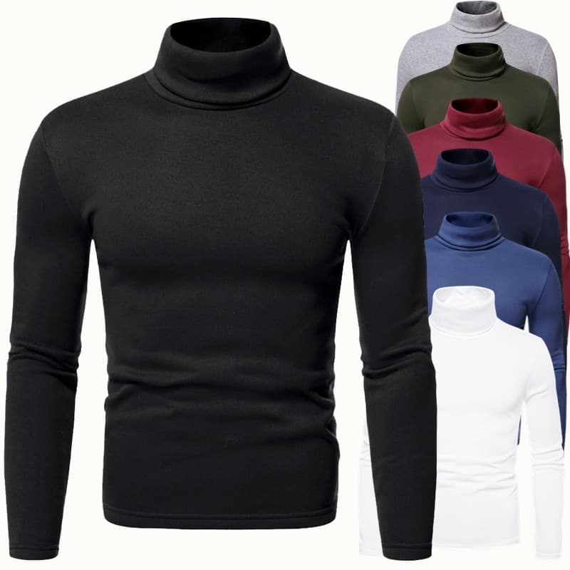 Cross-border Export Autumn/Winter Fleece Lined Men's High Neck Long Sleeve T-Shirt Brushed Thin Fleece Thermal Base Layer Top