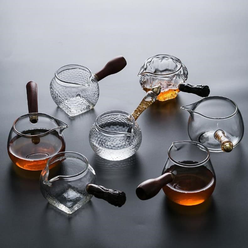 Factory Wholesale Tea Side Handle Wooden Handle Fairness Cup Gold Foil Borosilicate Glass Gongfu Tea Set Light Luxury Vintage