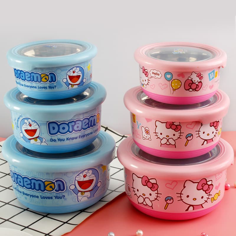 Cross-border In-Stock Student Stainless Steel Lunch Box 3-Piece Set Round Food Storage Container Airtight Heat-Insulated Drop-Resistant Instant Noodle Bowl
