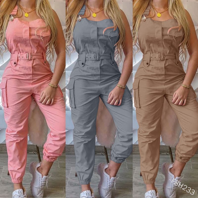 2024 Wish Women's Utility Jumpsuit Beltless Sleeveless Simple Tied Pants Working Uniform Cross-border Style from China
