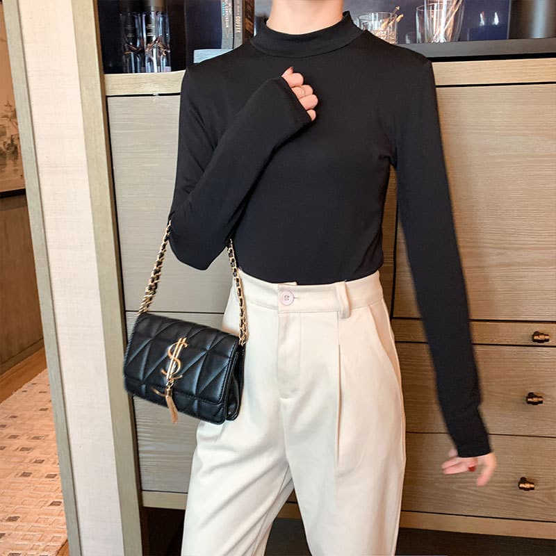 Women's Mock Neck Modal Base Layer Top 2022 Fall Winter Black Solid Versatile Long Sleeve Shirt TR2207