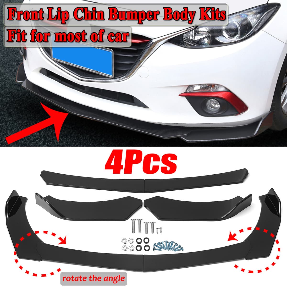 Four-section front splitter suitable for car modifications, adjustable body kit and front lip spoiler for two- and three-box sedans.