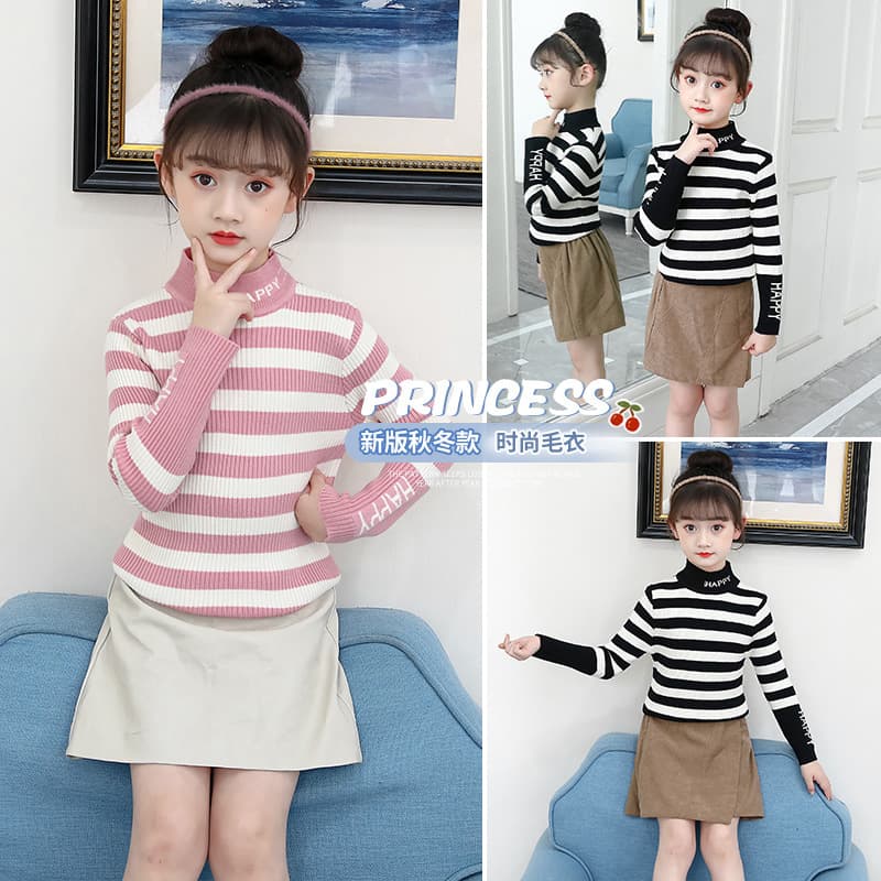 Girls' Sweater 2023 New Fashionable Children's Base Layer Autumn/Winter Innerwear Middle/Upper Kids High Neck Fleece-lined Thickened Children's Wear