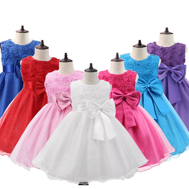 2024 Cross-border Children's Bowknot Solid Color Girls' Dress Princess Dress Kids' Party Dress Christmas Dress Tutu Dress
