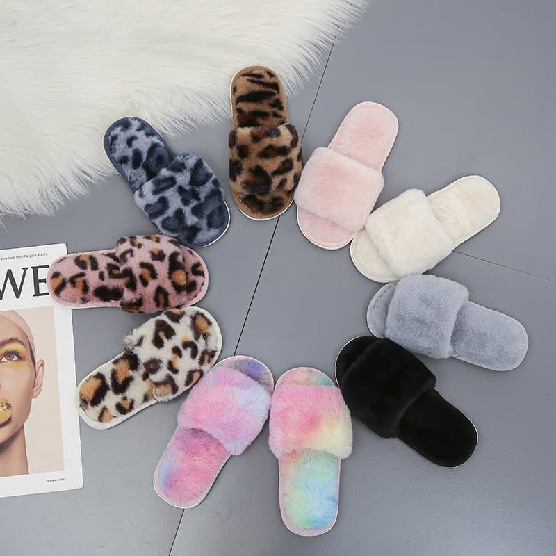 Autumn Winter Kids Single-Strap Fuzzy Slippers Women's Flat Home Floor Slippers Anti-Slip Parent-Child Style Plush Cotton Slippers Open Toe
