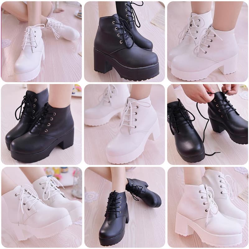 Large Size 35-41 Short Boots Women Spring Autumn Round Toe Black White Japanese Style Chunky Heel Thick Sole High Heel Cos Martin Boots
