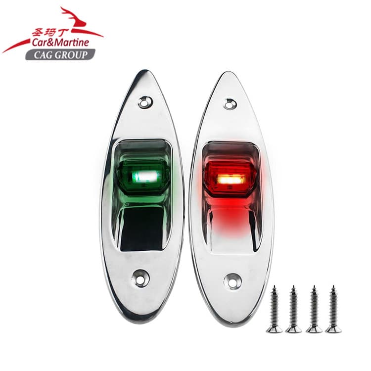 LED red and green pair of sidelights for yachts and fishing boats, 12V stainless steel housing, bow side signal lights
