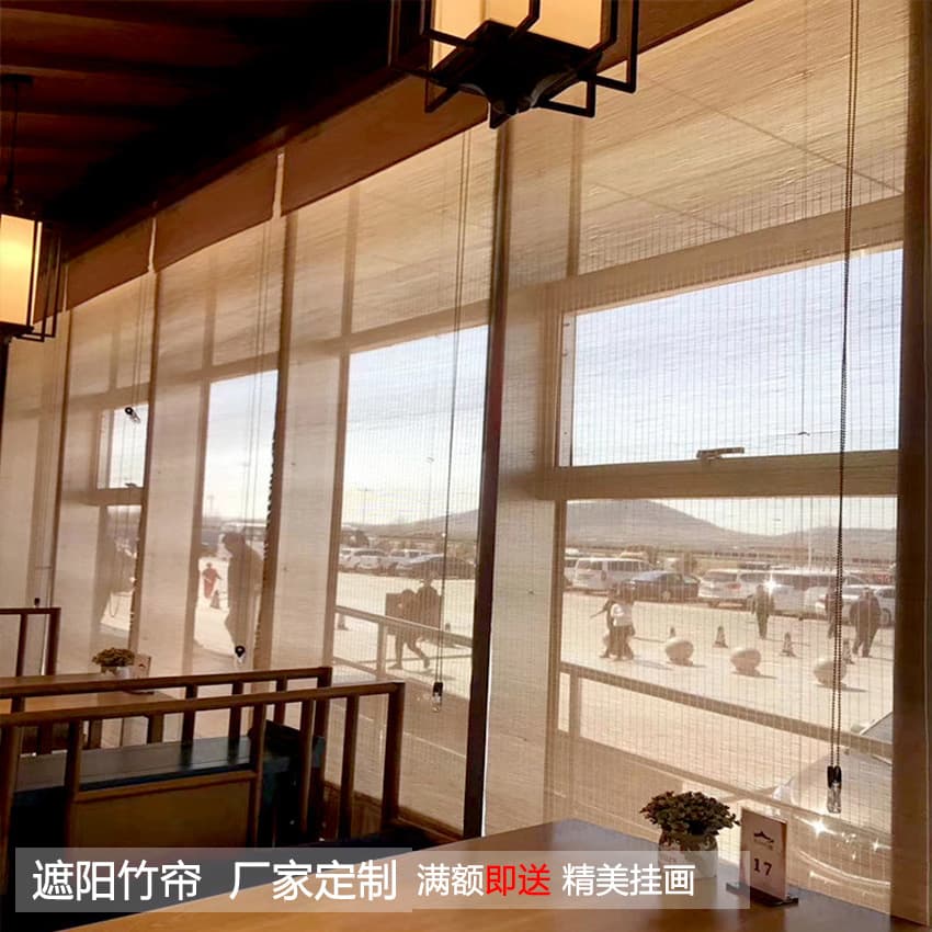 Factory wholesale sunshade bamboo roll-up curtains, Chinese-style mosquito-proof, breathable, Zen-inspired for homestays, hotels, tea houses, manual operation from source.