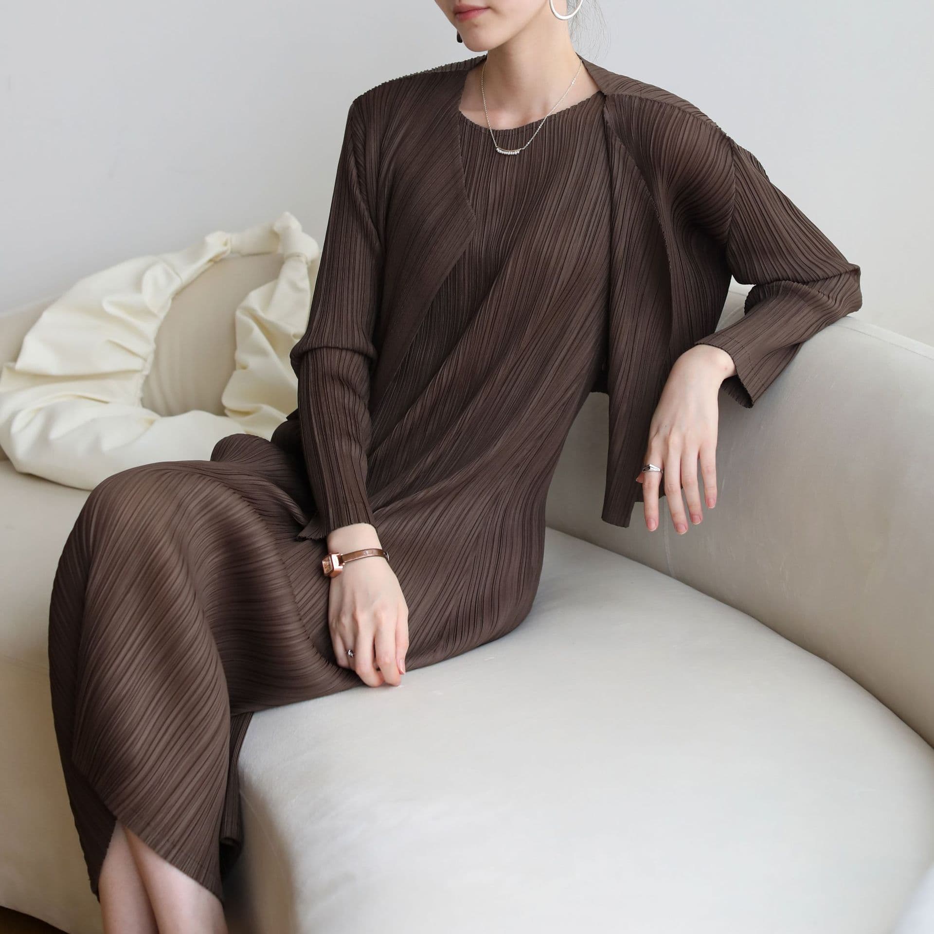 Counter Quality Autumn Spring Ins Style High-End Pleated Cardigan Versatile Basic Thin PP Solid Slim Long-Sleeve Jacket