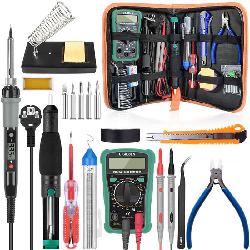 80W Digital LCD Soldering Iron Kit with Multimeter, Desoldering Pump, Pliers, Solder Repair Tools 110V 220V