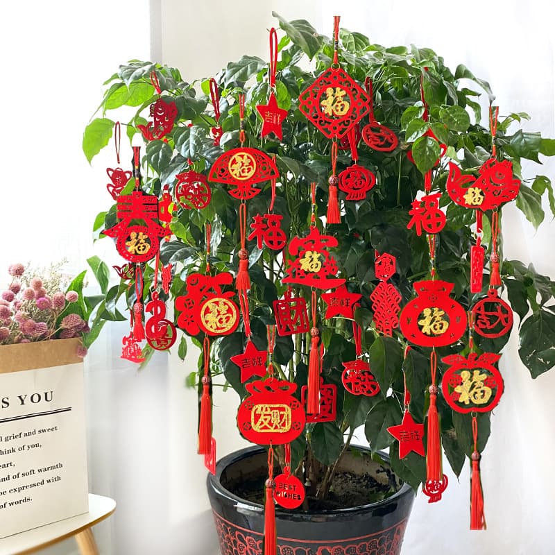 Flocked Small Red Lantern Ornaments for Trees and Bonsai, New Year Indoor/Outdoor Scene Decoration, Spring Festival Mini Hanging Pieces