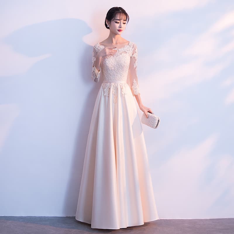 Simple and elegant champagne long-sleeve long dress, slimming plus size, temperamental bridesmaid evening gown for women