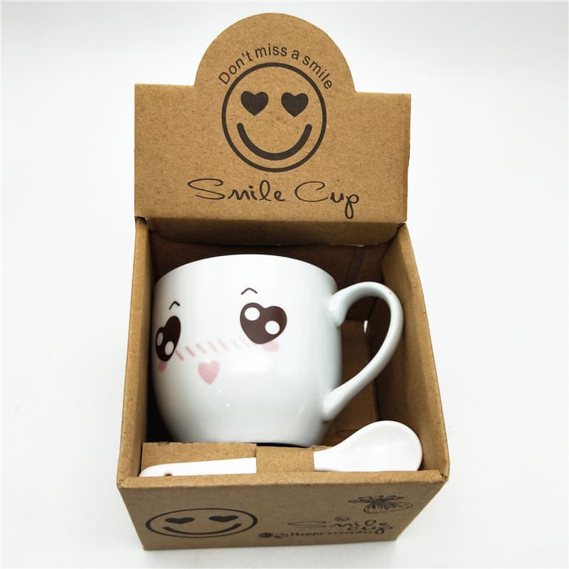 Creative Ceramic Single Cup with Spoon Set Cartoon Smiley Face Couple Logo Gift Mug