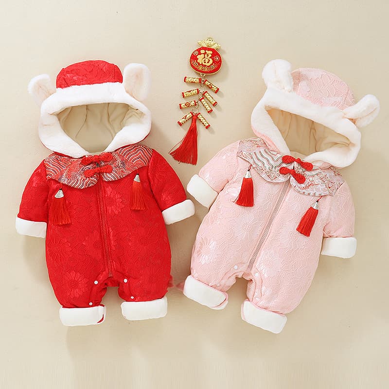 Thickened Baby Romper Suit for Crawling Red Chinese New Year Outfit Infant Clothing Winter Season Cotton Onesie for Babies