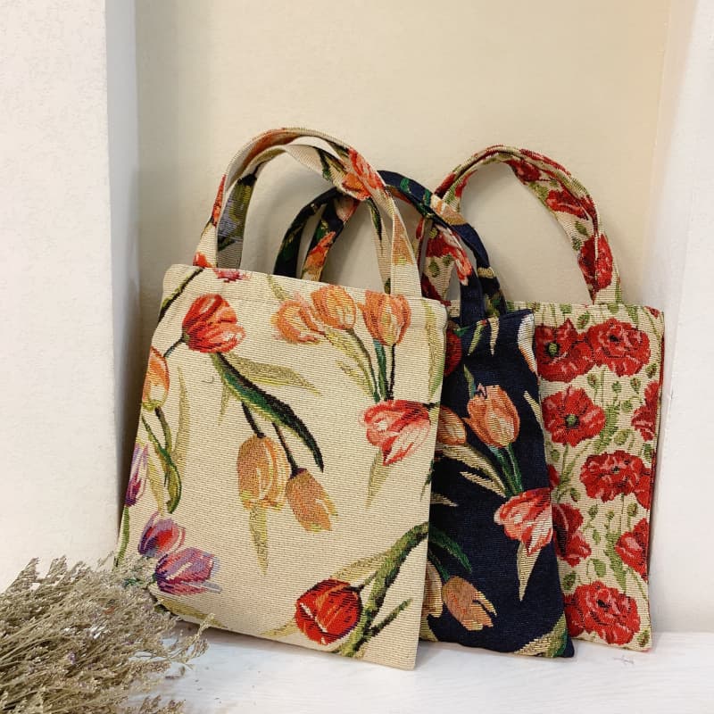 Retro oil painting color tulip jacquard carry-on bag for work small cloth bag hand-held women's bag shoulder bag