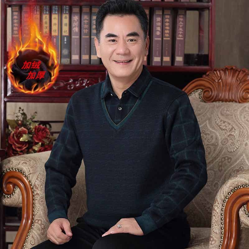 Thickened fleece-lined two-piece sweater for middle-aged and elderly men, suitable as a base layer for warmth and winter wear.