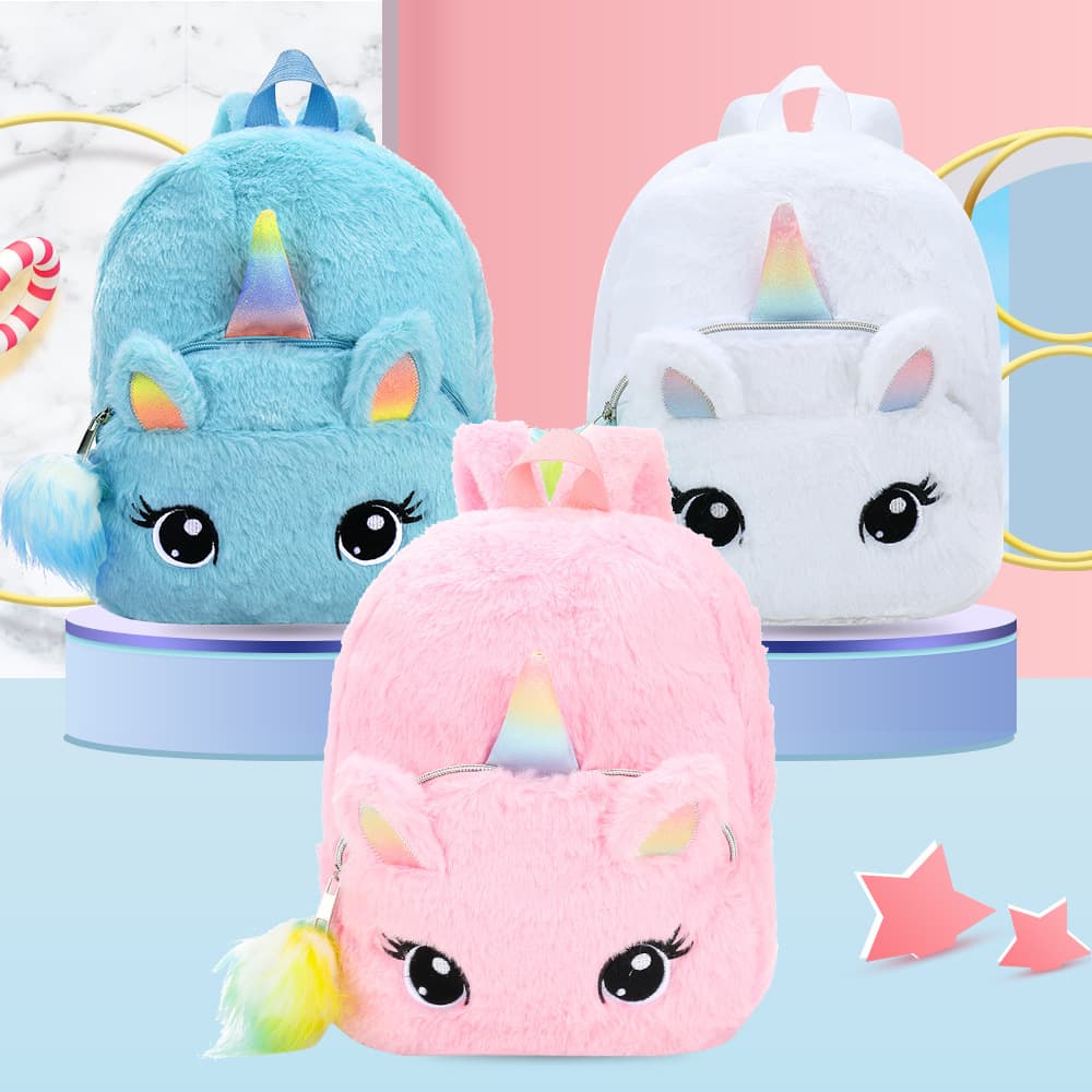 Unicorn Girl Plush Backpack for Kindergarten Kids, Cute Cartoon Backpack for Ages 2-3-5, Girls